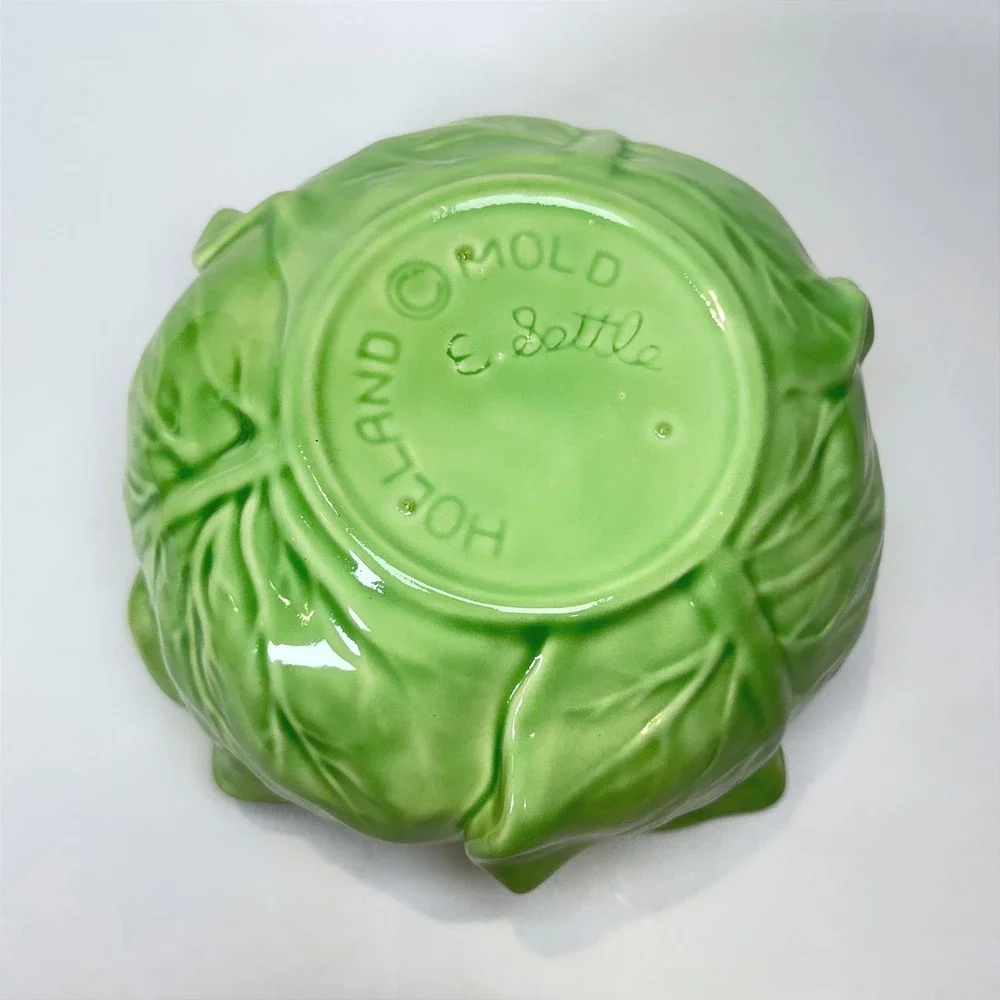 Vintage Holland Mold Cabbage Leaf Ceramic Bowl Green Signed E Settle No Lid